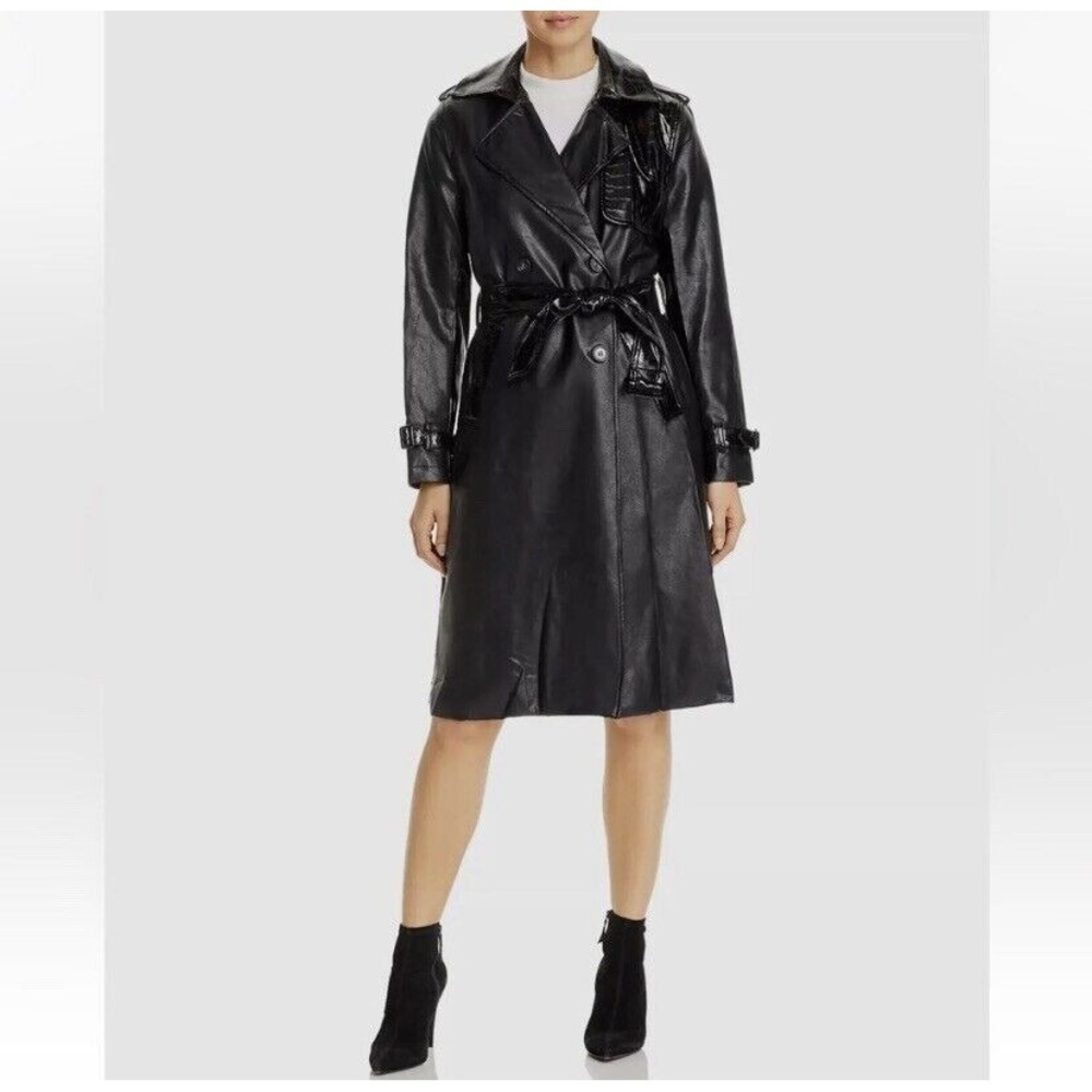 Apparis Black‎ Priya Crocodile Embossed Faux Leather Trench Coat Size Medium NWT